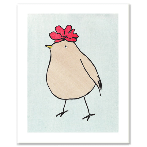 Brown Bird with Red Flower Print